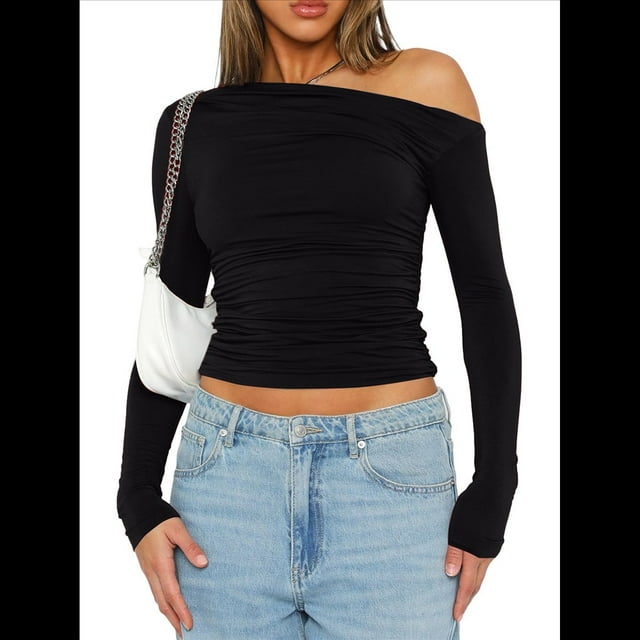 Blusa Informal de Larga con Cuello y Hombros Descubiertos para Mujer, Ajustada, para Salir, Estilo Y2K Negro L