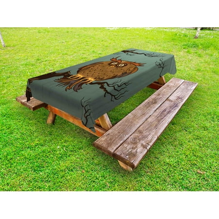 

Owl Outdoor Tablecloth Exhausted Hangover Tired Owl in Oak Tree with Eyebrows Nature Cartoon Funny Artwork Decorative Washable Fabric Picnic Tablecloth 58 X 120 Inches Blue Brown by Ambesonne