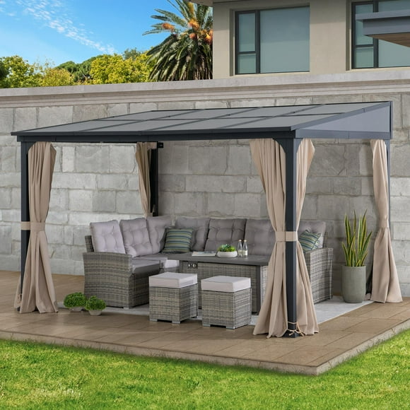 Sunjoy Gazebo mural extérieur 3 x 3.6 m, Structure Métallique Robuste avec toit en Polycarbonate, Armature en Aluminium et Métal Noir, équipé de Rideaux et Moustiquaire