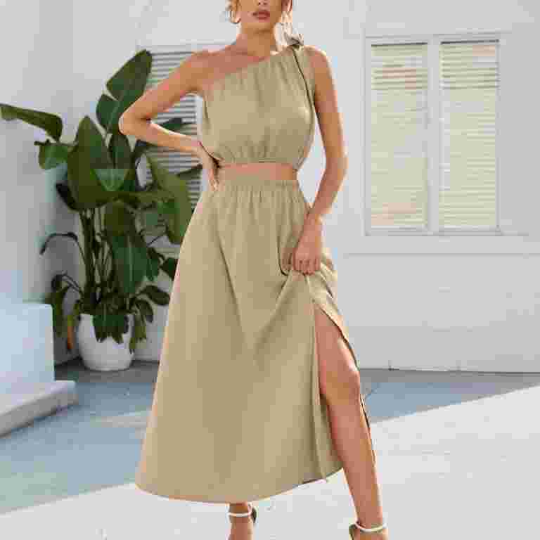 2 Piece Dress for Women, Fashion One Shoulder Sleeveless Crop Top and Maxi Skirt Summer Outfit Split Skirt Set (Medium, Beige) - Walmart.com 2 Piece Dress for Women, Fashion One Shoulder Sleeveless Crop Top and Maxi Skirt Summer Outfit Split Skirt Set (Medium, Beige) - Walmart.com