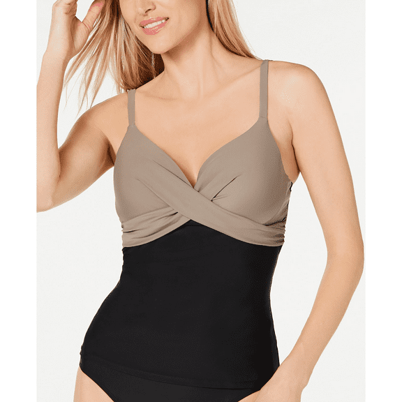 Island Escape BLACK/SAND Gemini Colorblocked Push-up Tankini Swim Top, US 8