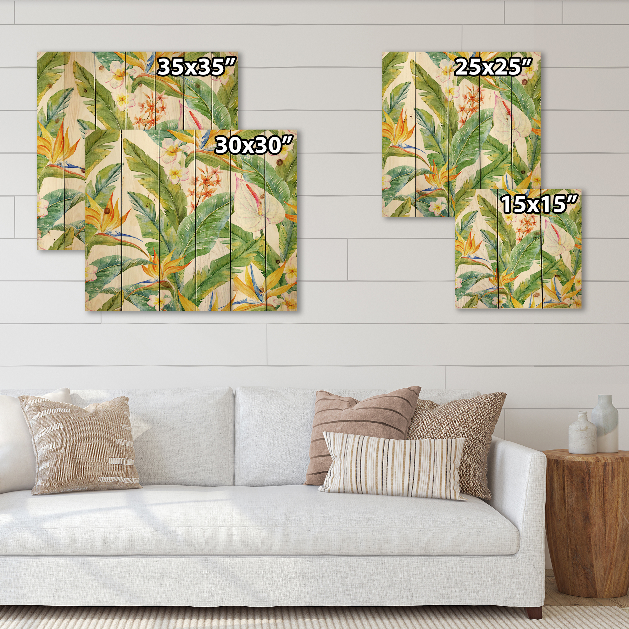 Designart 'Yellow Flowers and Tropical Foliage II' Modern Print on Natural Pine Wood