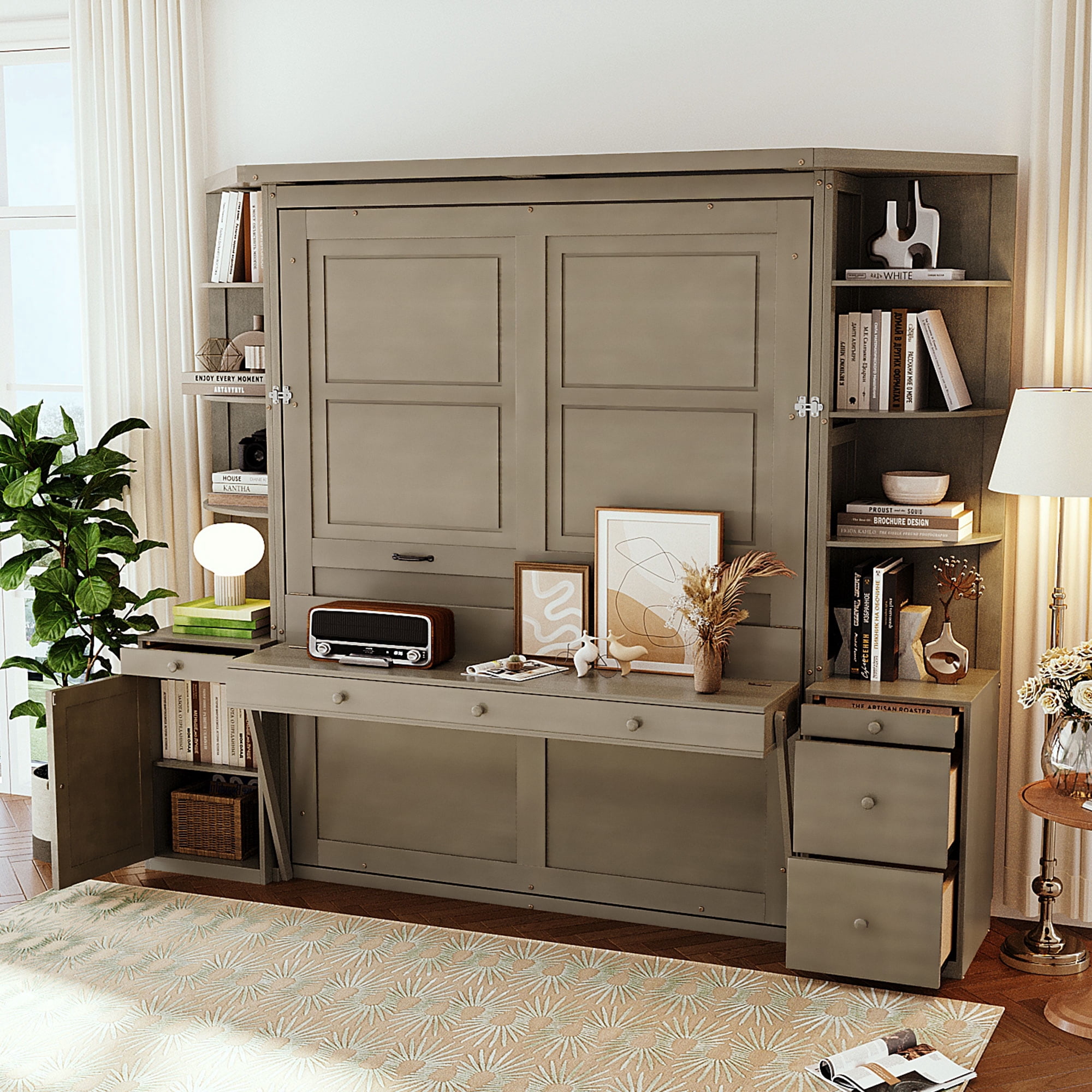 Mintazer Queen Size Murphy Bed with Desk & Side Storage, Modern Folding Cabinet Bed with Workstation & Shelves for Home Office, Gray