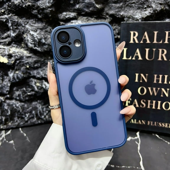 Magnetic Case for iPhone 16 with Camera Lens Protector Film, [Military Grade Drop Protection] Compatible with Mag-Safe Translucent Hard PC Slim Tough Anti-Fingerprint Phone Case, Darkblue