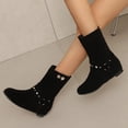 thumbnail image 5 of AUNVITO Women Mid Calf Boots Suede Round Toe Studded Buckle Straps Inner Wedge Height Casual Chunky Heel Shoes, 5 of 6