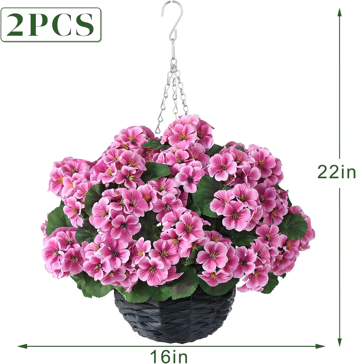 2 Set Artificial Geraniums Flowers with Hanging Baskets for Outdoors - Sun Resistant Silk with Geranium Flowers, Fake Hanging Planters for Front Porch Garden Patio Home Decor (Pink)