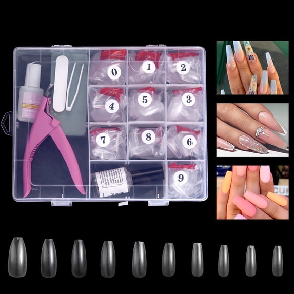Long Clear Nail Tips Kit, 500 Pcs Acrylic Long Sharp Nail Tips, False Nails with Nail Glues & Nail File for DIY Nail Salon