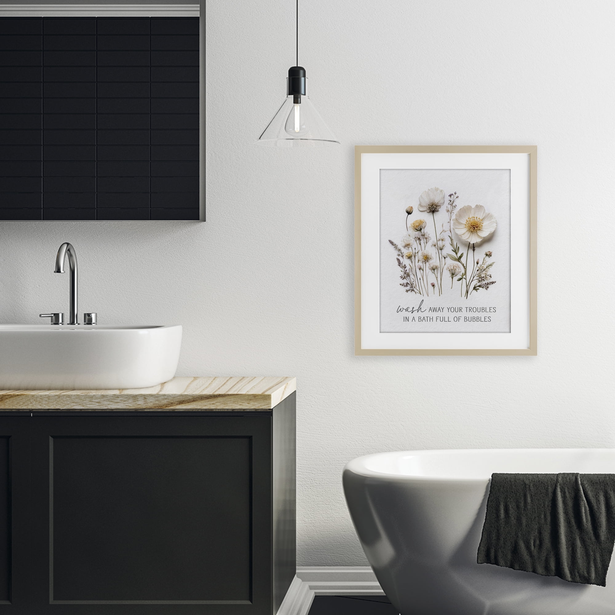 Pressed Flowers Wash Away Troubles Birch Framed Print Under Glass, design by Lettered and Lined