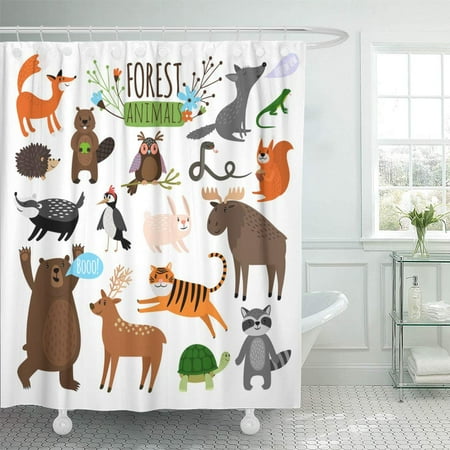 Bear Moose Deer - PKNMT Forest Animals Woodland Cute Drawing Like Moose Deer and Raccoon Fox and Bear Bathroom Shower Curtains 60x72 inch