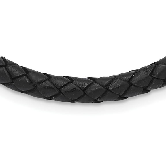 Auriga Stainless Steel Polished Woven Black Leather 19.5 inch Necklace for Mens 19.5"