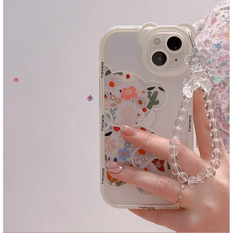Compatible with iPhone 14 Case, Cute Flowers Bear Camera Protector Clear  Case Cover with Lovely Strap Bracelet Chain Girls Women Case for iPhone 14