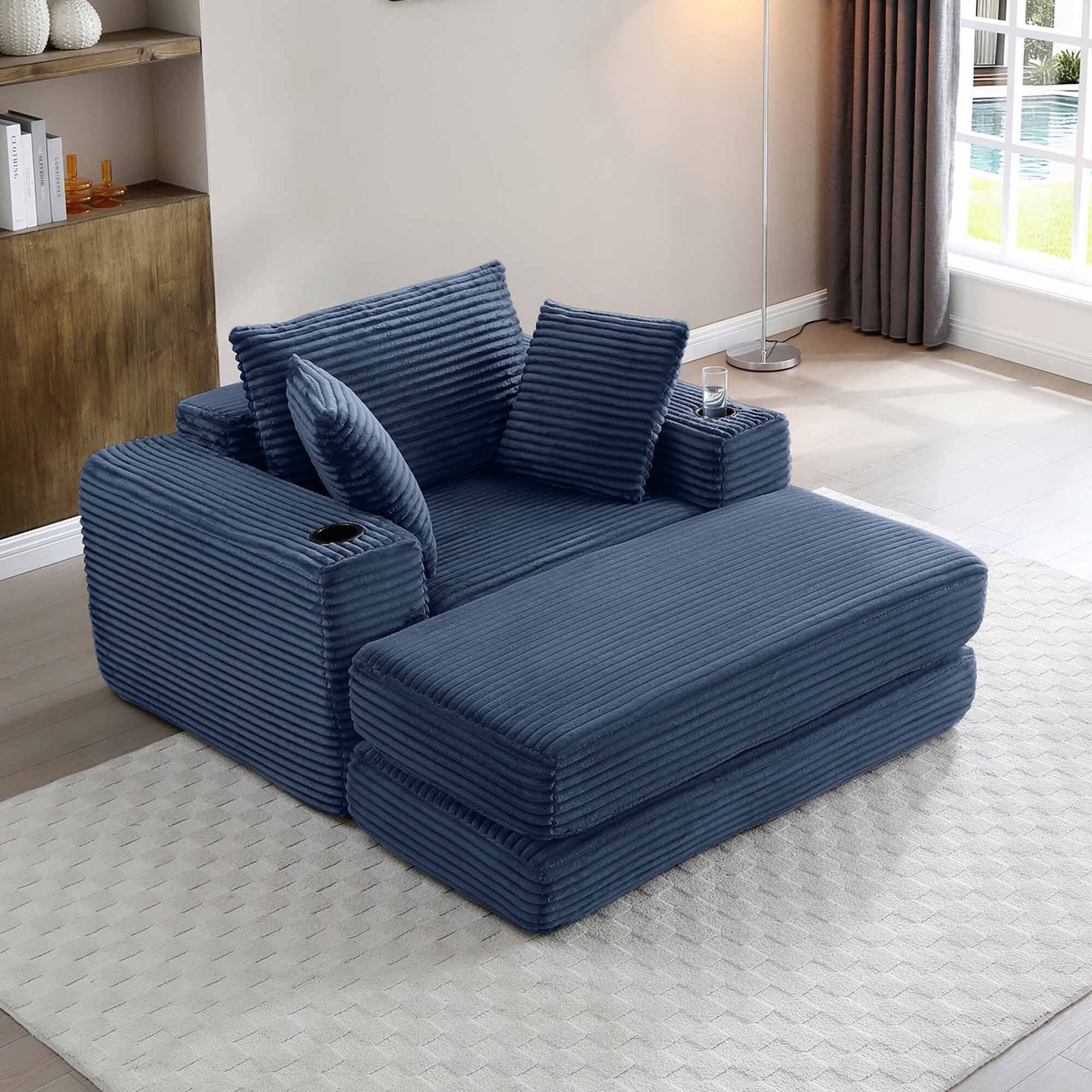 Lunale Boneless Chaise Lounge Chair with Ottoman, 52" Oversized 3-in-1 Convertible Sofa Chair for Living Room, Blue Corduroy
