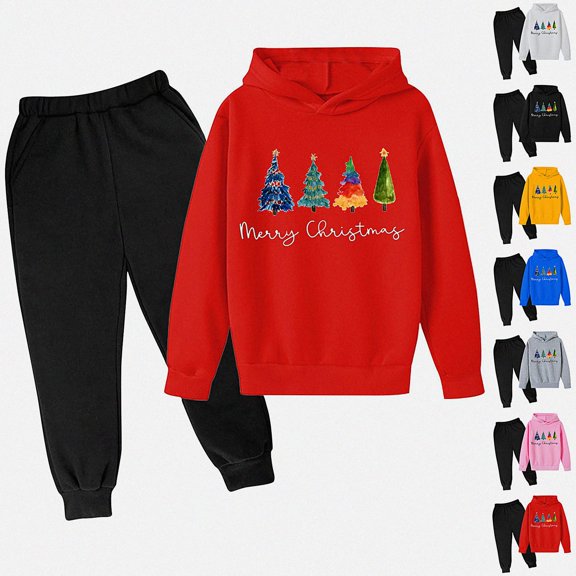 Vornjynx Girls 2 Piece Outfit (2-13) Hooded Sweatshirt with Christmas Tree Print and Sweatpants Set Casual Clothing Red