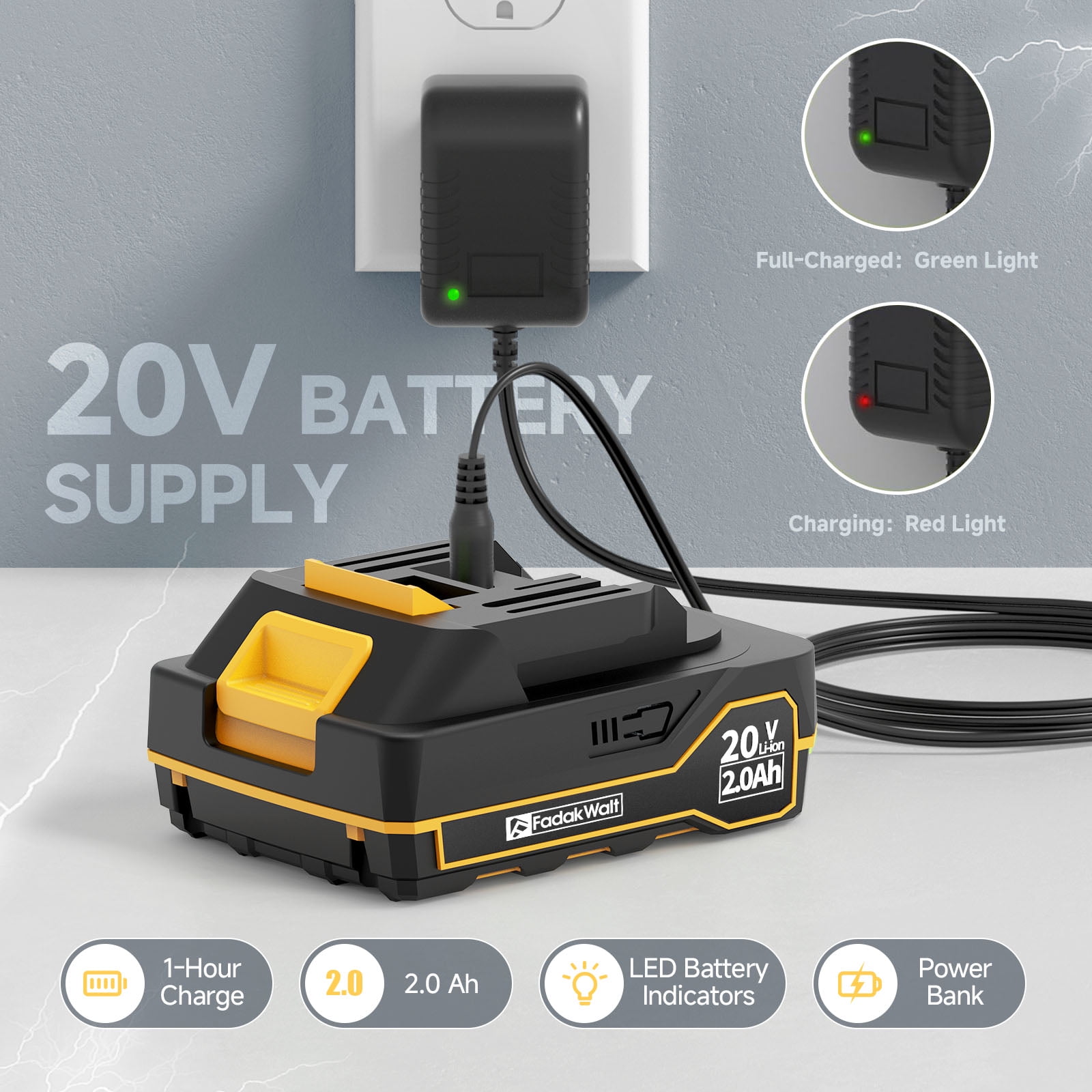 FADAKWALT Tire Inflator Portable Air Compressor, 20V Cordless Car Tire Pump, 160PSI Handheld Electric Air Pump with Rechargeable Battery, Auto Shutoff & Digital Gauge for Cars & Motorcycles(Yellow）