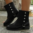 thumbnail image 2 of QQAMB Women's Mid Calf Boots Low Heel Non Slip Boots Buckle Strap Rivets Motorcycle Shoes Round Toe Western Boot, 2 of 7