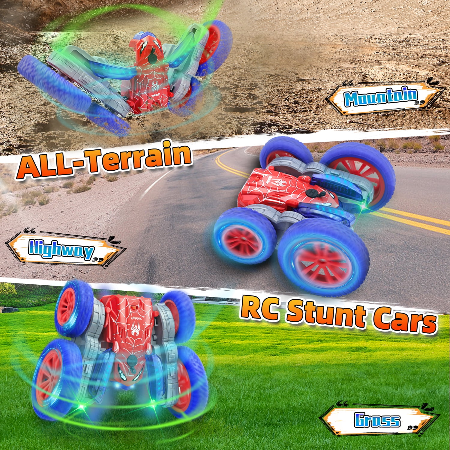 Spider Remote Control Car - 2.4Ghz 4WD RC Stunt Car with 360° Rotation Displays 4 LED Texts, Spray Function, LED Lights, Rechargeable Battery, for Boys and Girls