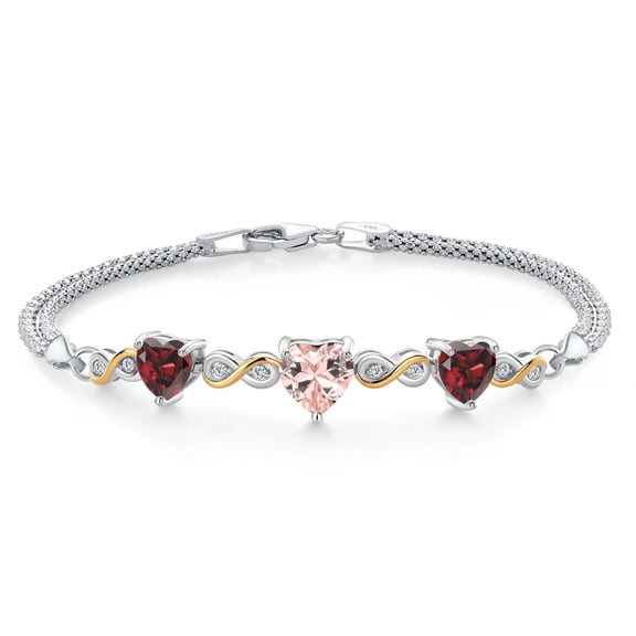 925 Silver and 10K Yellow Gold Peach Nano Morganite and Red Garnet and White Lab Grown Diamond Bracelet for Women (3.33 Cttw, October Birthstone, Heart 7MM and 6MM, 6.5/7/7.5 inch, Made in Italy)