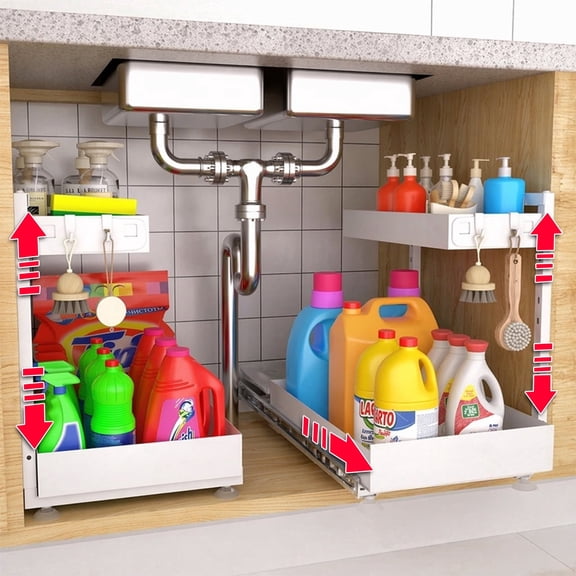 Eclaron 2-Pack Metal Under Sink Organizer, 2-Tier Pull-Out Cabinet Shelf with Adjustable Slide-Out Drawer for Kitchen and Bathroom, White