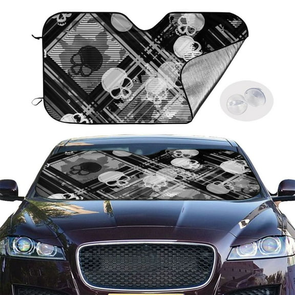 Picia Seamless Pattern With Skulls Curved Windshield Sunshade Accordion Folding Style Auto Shade for Car Truck SUV Van Blocks UV Ray Sun Visor Protector -Small
