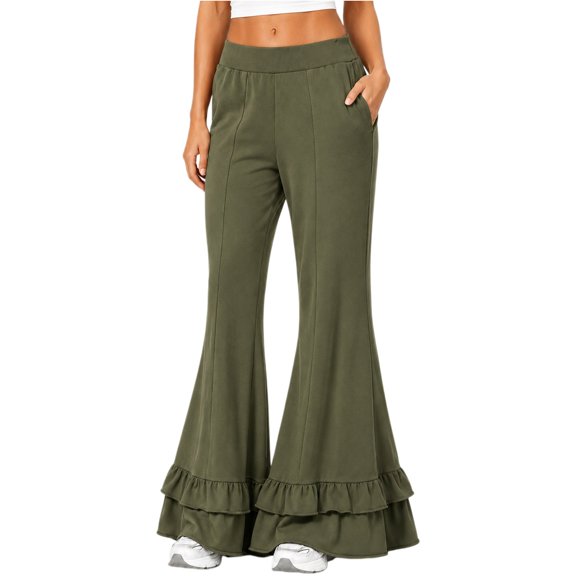 Women's High Waist Double Tier Ruffle Hem Flare Pants, Soft Bell Bottom Trousers with Pockets, Stretchy Casual Wide Leg Lounge Pants for Daily Wear Blackish Green L