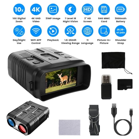 Imountek 4K Night Vision Goggles Binoculars 10X Zoom 2624ft Viewing Range 3 LCD Screen 64GB Card WiFi APP Control for Camping Hunting Wildlife Observation Security Surveillance