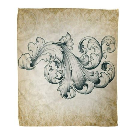- ASHLEIGH Flannel Throw Blanket Vintage Baroque Engraving Floral Scroll Filigree Border Acanthus Pattern Soft for Bed Sofa and Couch 58x80 Inches