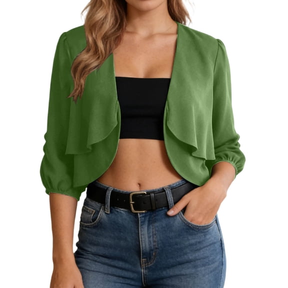 XIAONU Women's Ruffle Solid Cropped Bolero 3/4 Sleeve Open Front Cardigan Soft Chic Casual Boleros