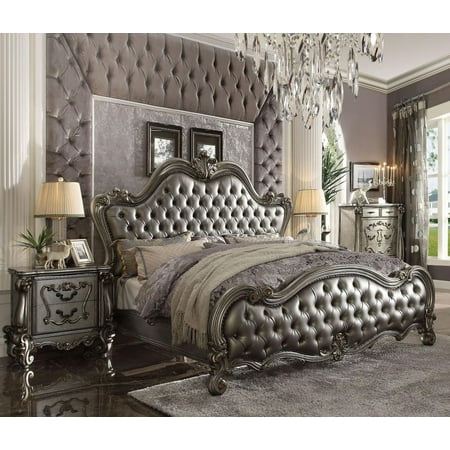 Acme Furniture 26837EK Versailles II Silver PU Antique Platinum King Bed Set 3Pc