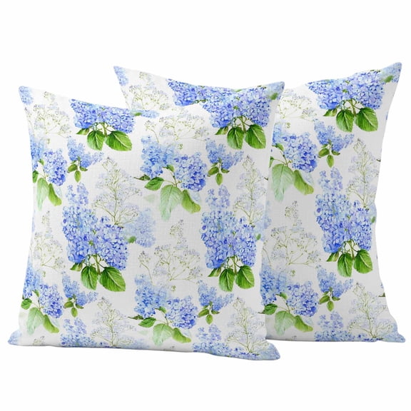 Summer Hydrangeas Outdoor Waterproof Pillow Covers, White Blue Flowers Pastoral Leaves Decorative Square Throw Pillowcase Sofa Cushion Sham for Patio/Couch/Chair, 18"x18" 2 Pack