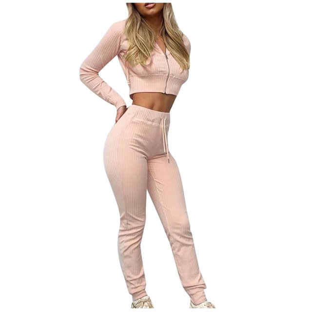 Mujeres con cuello en V Manga larga Tops Pantalones largos Dos piezas Conjunto sólido Traje casual Wmkox8yi bvn3063