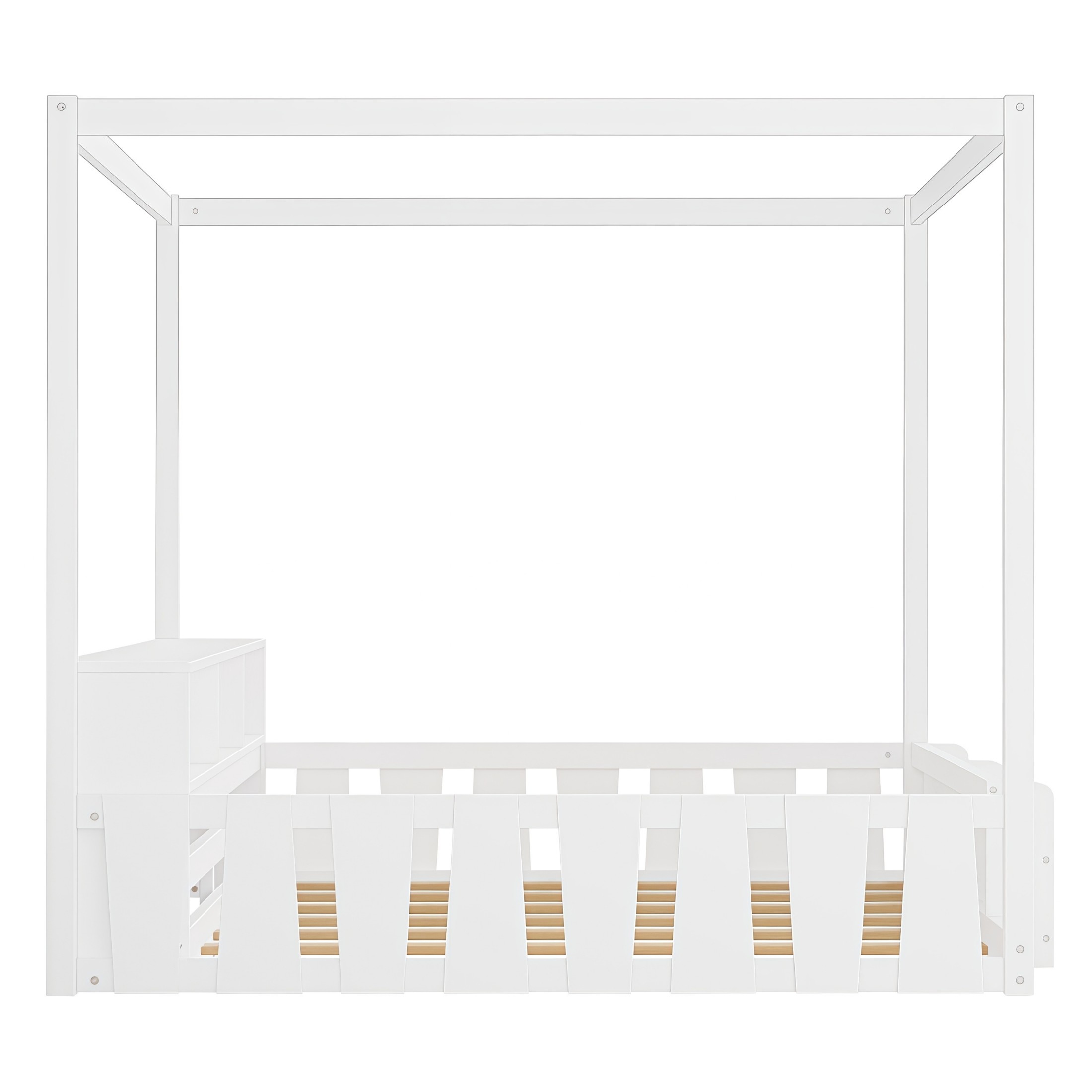 GDF Studio Misol Full Size Montessori Canopy Floor Bed with Storage & Guardrails, Pine Wood Kids Bed Frame, White