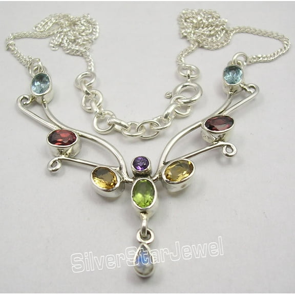 SilverStarJewel 925 Solid Silver Multicolor Gemset Chain Necklace 17 3/4" Birthday Gift
