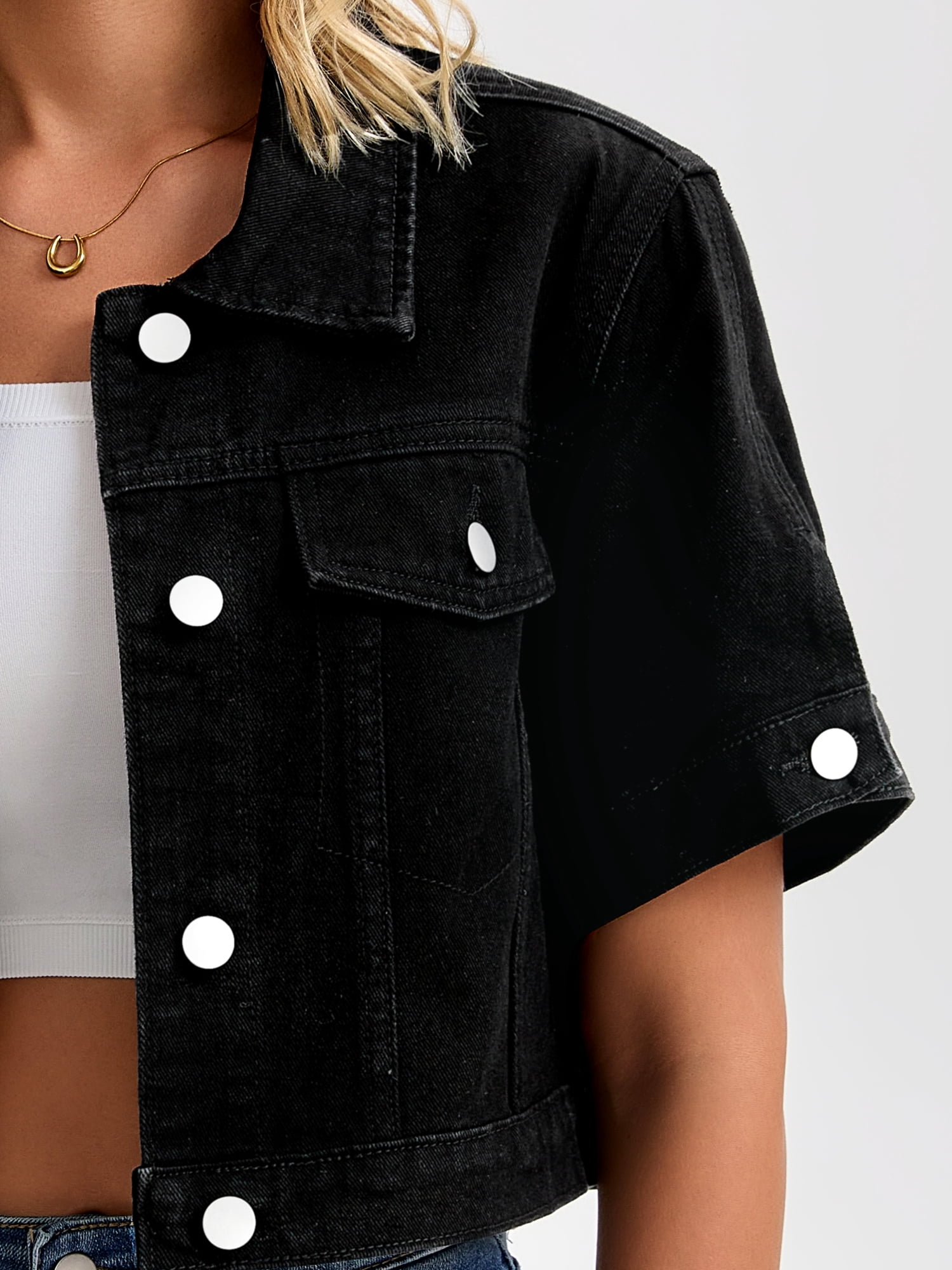 DARING DIVA Women's Short Sleeve Denim rendy Cropped Jean Jacket 2XL Black
