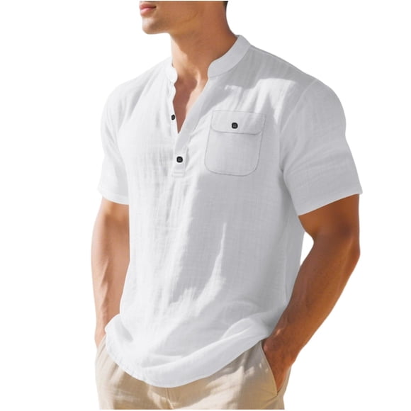 cfhntfmh Men's Cotton Linen Henley Shirt Short Sleeve Casual Beach T-Shirts with Pocket Muscle Tops Vacation Clothes