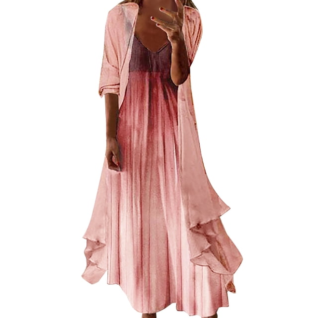 Birdeem Robe à Bretelles Dégradé Imprimé avec Veste en Chiffon pour Femmes