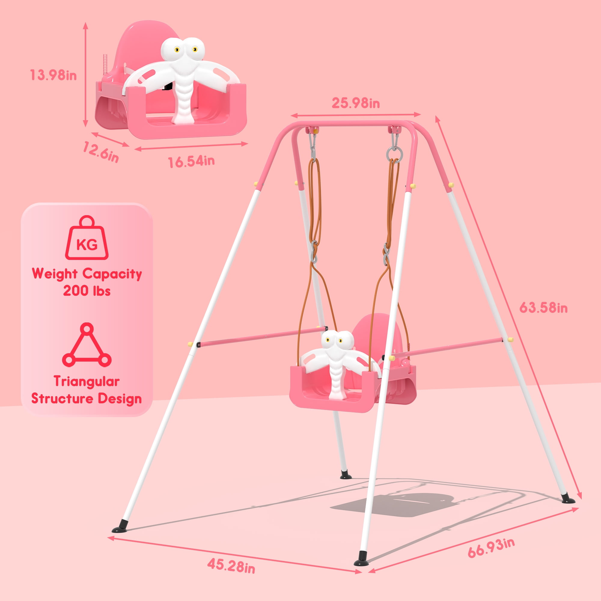 3-in-1 Swing Set,Safety Belt,Indoor/Outdoor,Easy Assembly,Sturdy Metal Stand for Playground/Backyard/Nursery,Pink