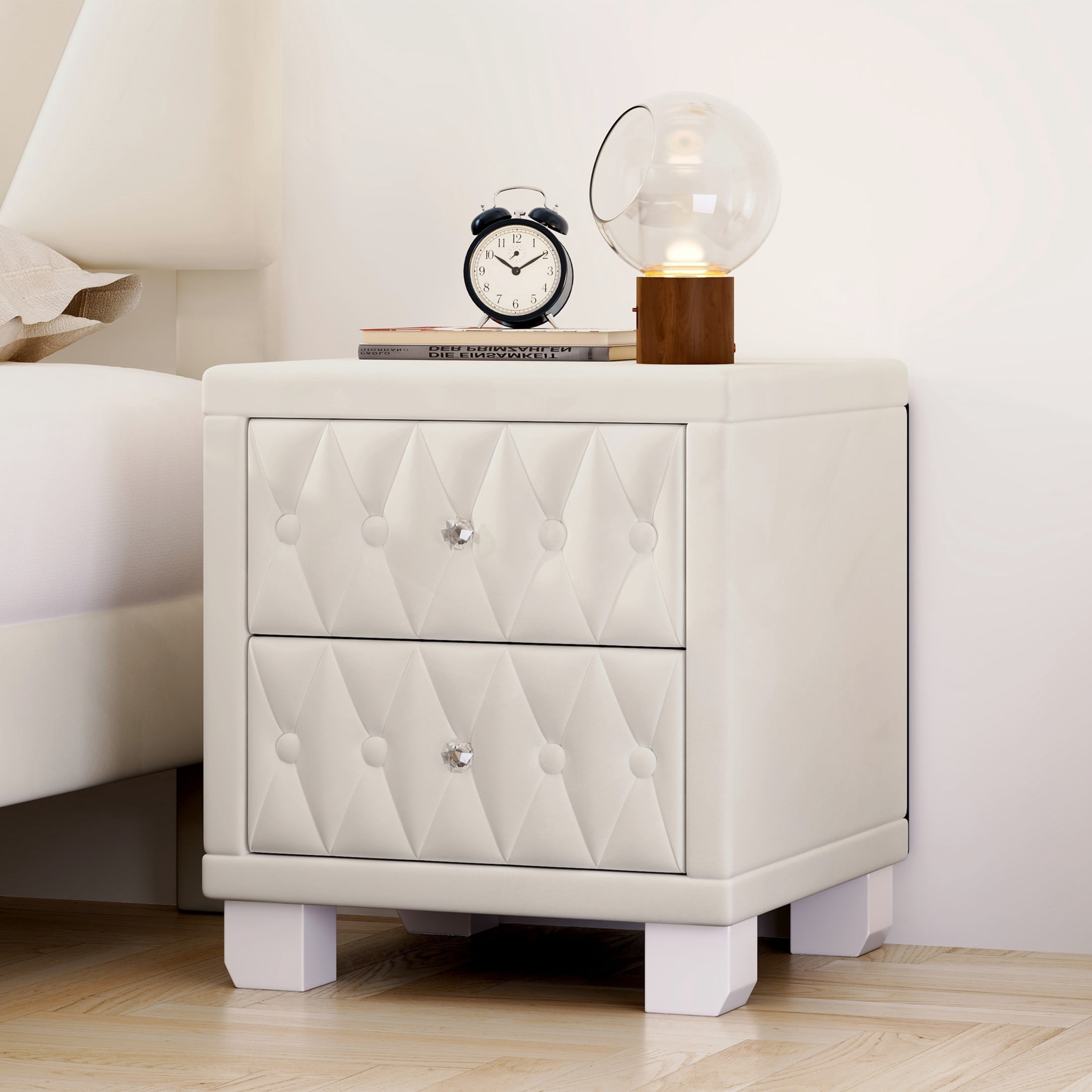 Noble House Velvet Nightstand with Button-Tufted Design, 2 Drawers and Crystal Handles, Beige
