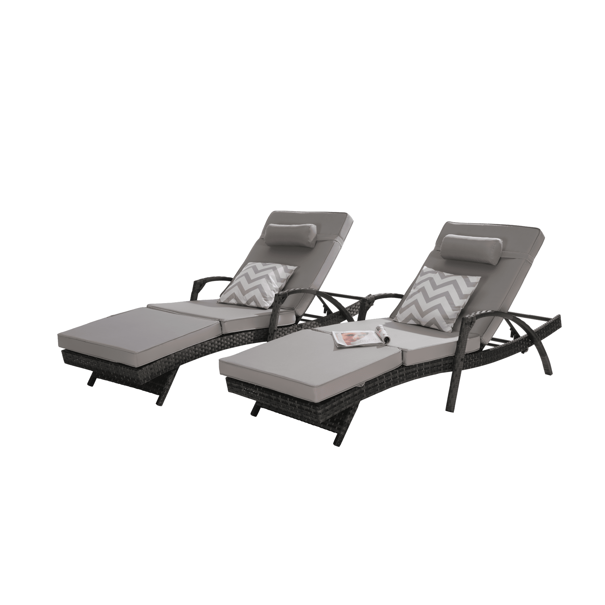 Leumius Outdoor Chaise Lounge Chair Set of 2,Wicker Reclining Lounge Chair with Cushions and Backrest Adjustable to 150° for Outside Pool Patio,Light Gray