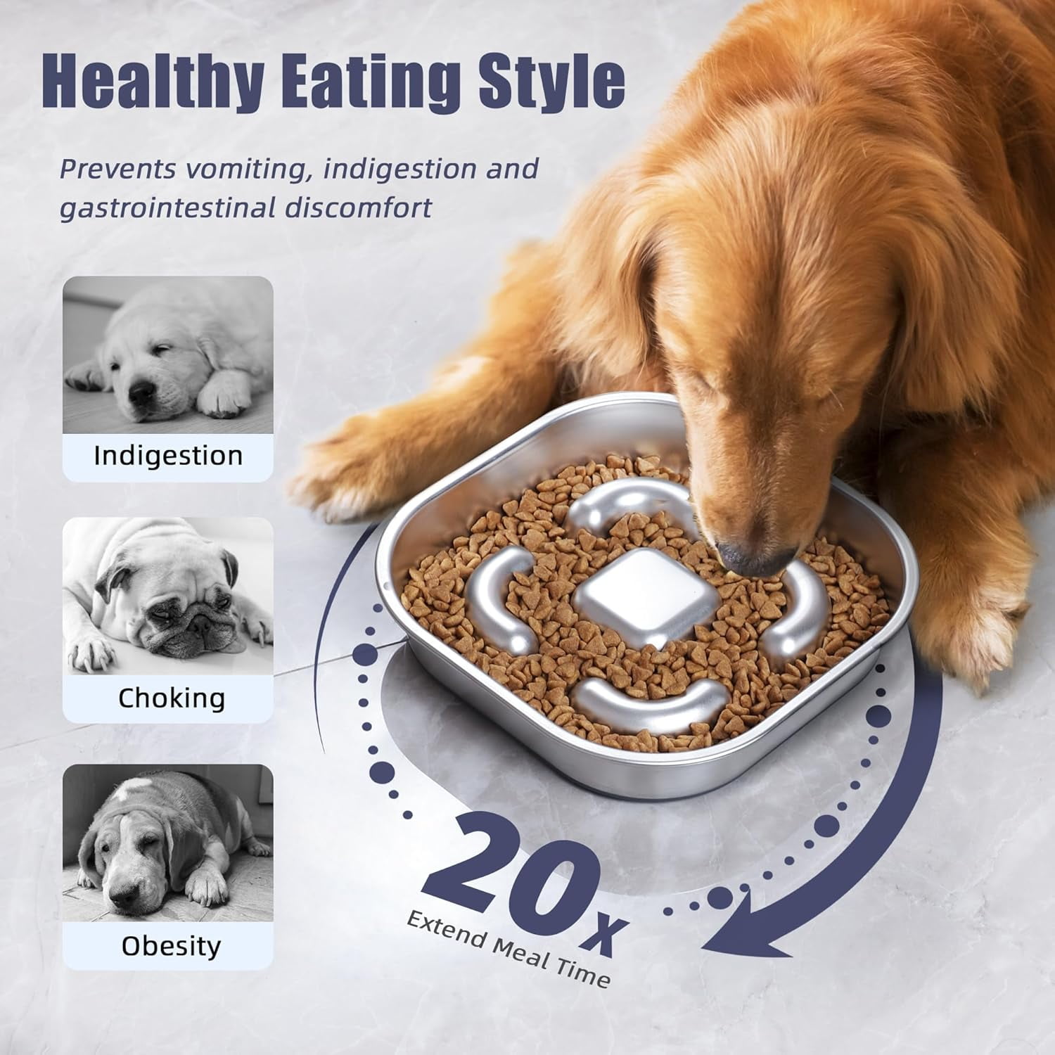 Slow Feeder Dog Bowls 304 Stainless Steel 5 Cups, Large Capacity Dog Food Slow Feeding With Non-Slip Rubber Base, 2-in-1 Slow Feeder Metal Dog Bowl for All Breeds Size