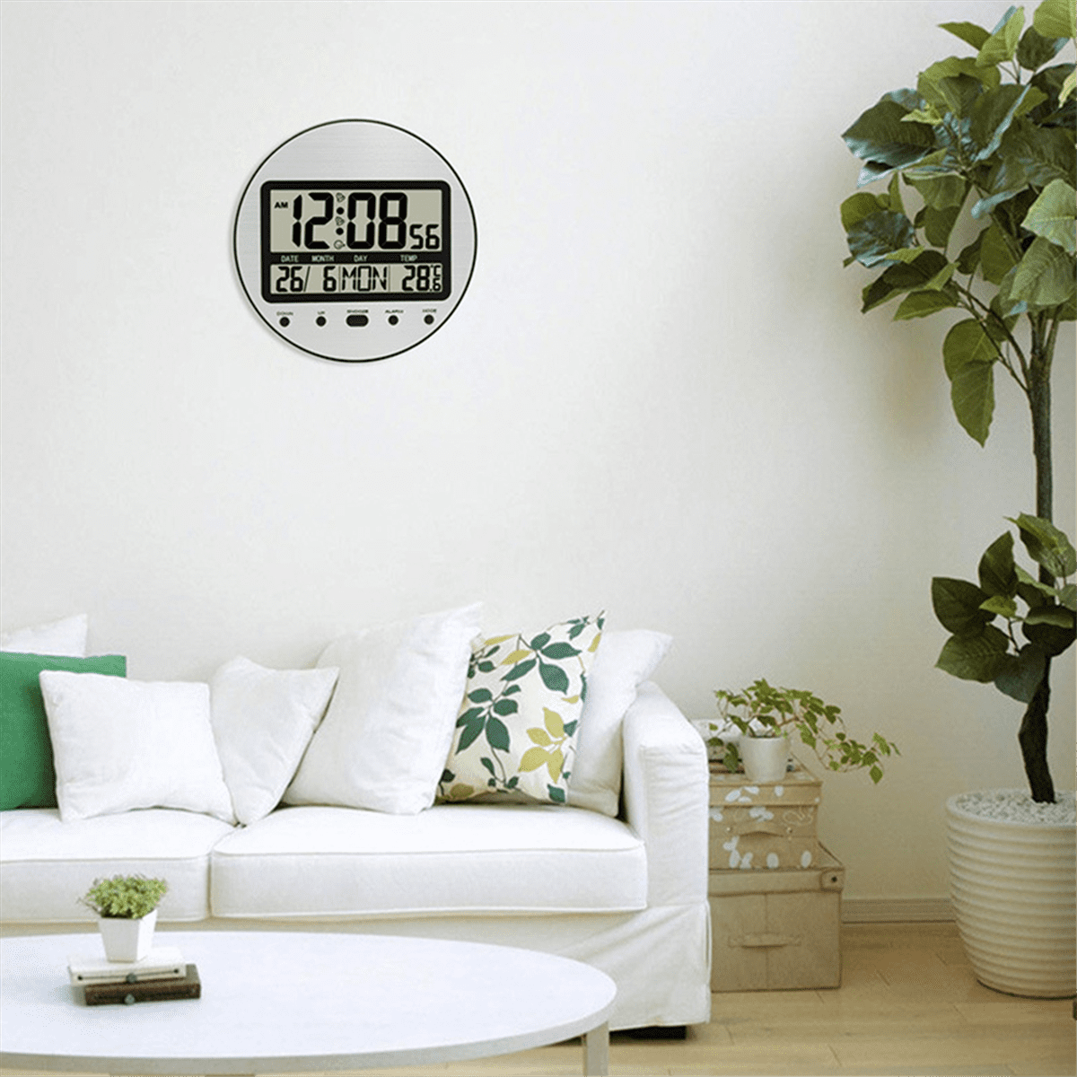 Alarm Clock 12/24 Hour Battery Operated Self-Setting Wall / Desk Mount Calendar Digital Clock for Bedroom Bedside White Plastic White