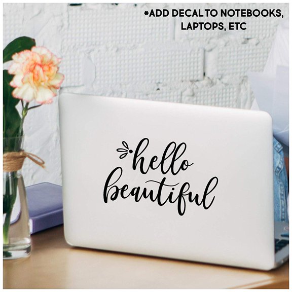 Hello Beautiful Cursive Vinyl Lettering Bathroom Mirror Wall Decal Sticker Laptop Stickers Front Door Decals - Size:4.5" H x 7" L - Color: Black