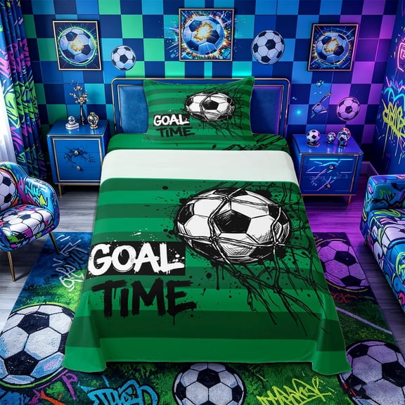Castle Fairy Soccer Graffiti Splash Twin Sheets 3pcs, Vintage Geometric Stripes Bedding, Green Black White,1 Fitted Sheet, 1 Flat Sheet and 1 Pillowcase