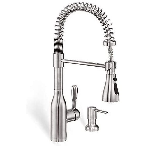 ZUHNE Flux Pull Out Industrial Spring Water Saving Single Lever Kitchen Sprayer Mixer Faucet and Through Counter Soap Dispenser, Spot Resist Stainless (Made in Europe)