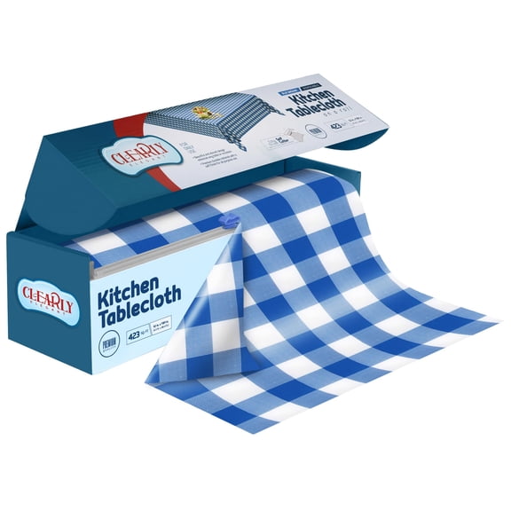 Clearly White and Blue Plastic Tablecloth Roll with Cutter, 423 Sq.Ft (52"x1181") Extra Large Disposable Picnic Table Cover, Plastic Table Cloth Disposable for Parties, Events and Outdoor Gatherings