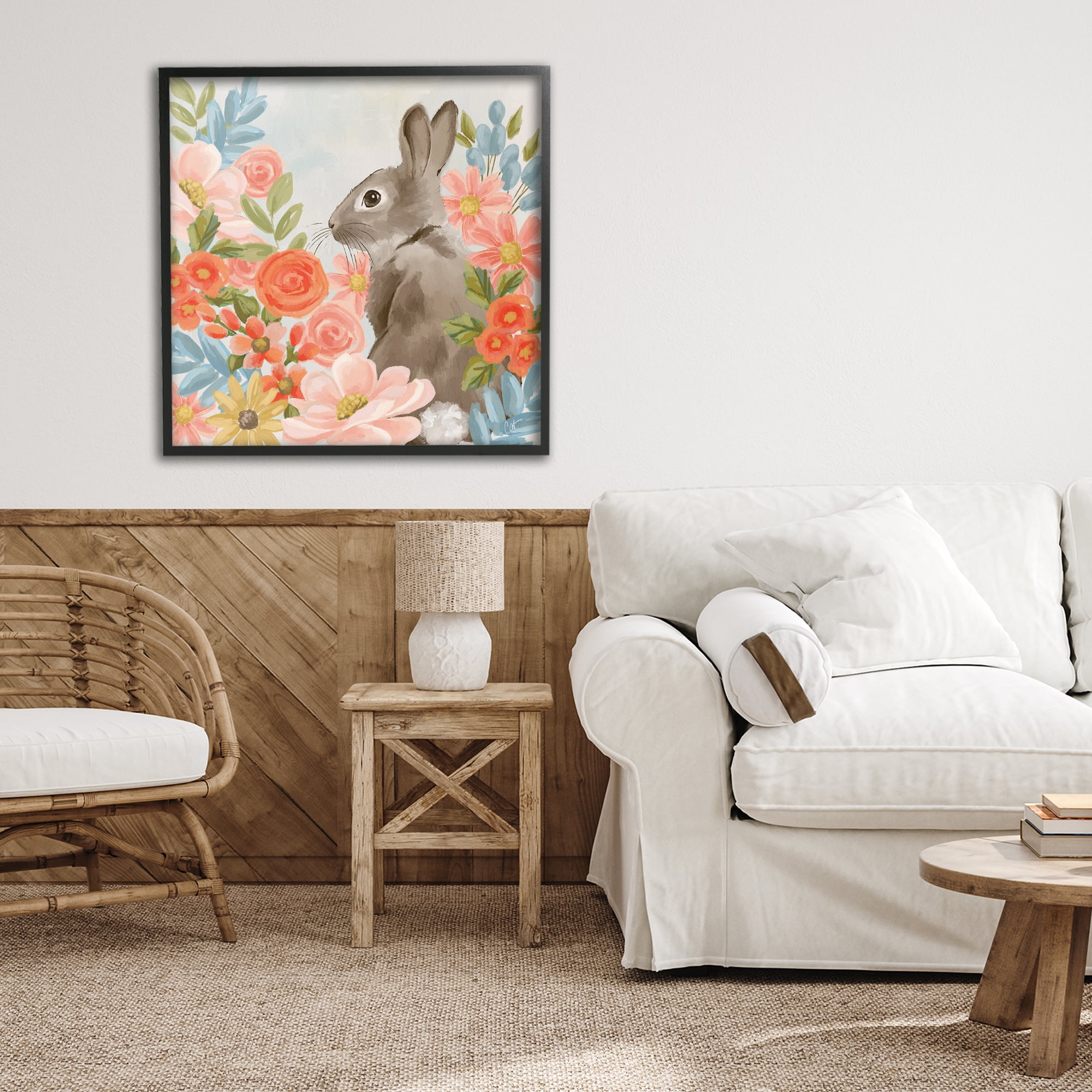 Stupell Industries Bunny In The Blooms Black Framed Giclee Art, design by Cat Thurman Designs