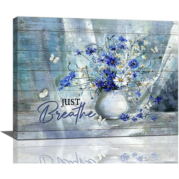 Farmhouse Bathroom Decor Wall Art Rustic Floral Butterfly Pictures Just Breathe Flower Canvas Painting Blue Framed Artwork for Living Room Bedroom Kitchen 16''''x12''''