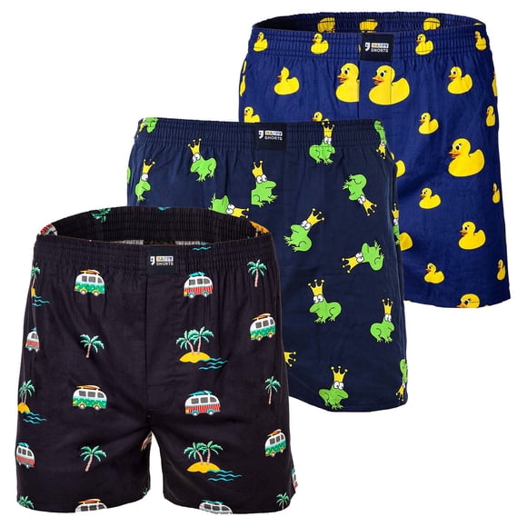 Happy Shorts Boxers de hombre tejidos, paquete de 3 - Estilo americano, algodón, estampados Ente/Frosch/Vacation L (Large)