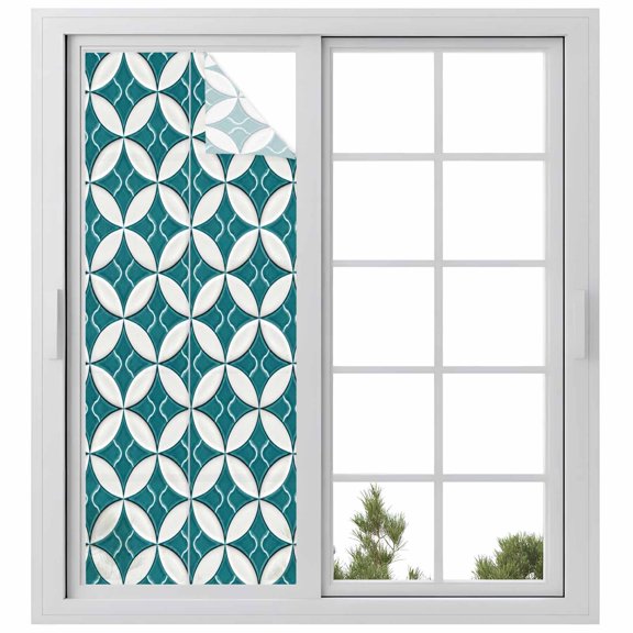 Abstract Geometric Window Privacy Film, Vintage Rhombus Circle Texture Green Static Cling UV Sun Blocking Heat Control Window Tint Day and Night, Non-Adhesive One Way Privacy Cover 29.5''x78.7''