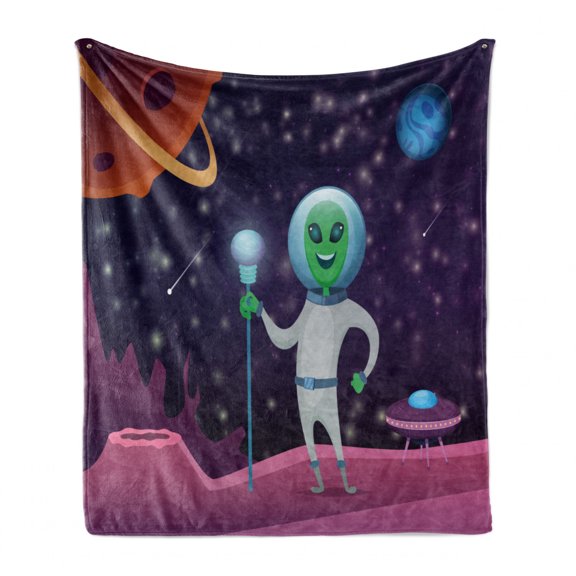 Alien Soft Flannel Fleece Throw Blanket, Cosmic Space Background with Funny Character Outer World Elements, Cozy Plush for Indoor and Outdoor Use, 60" x 80", Dark Purple Multicolor, by Ambesonne