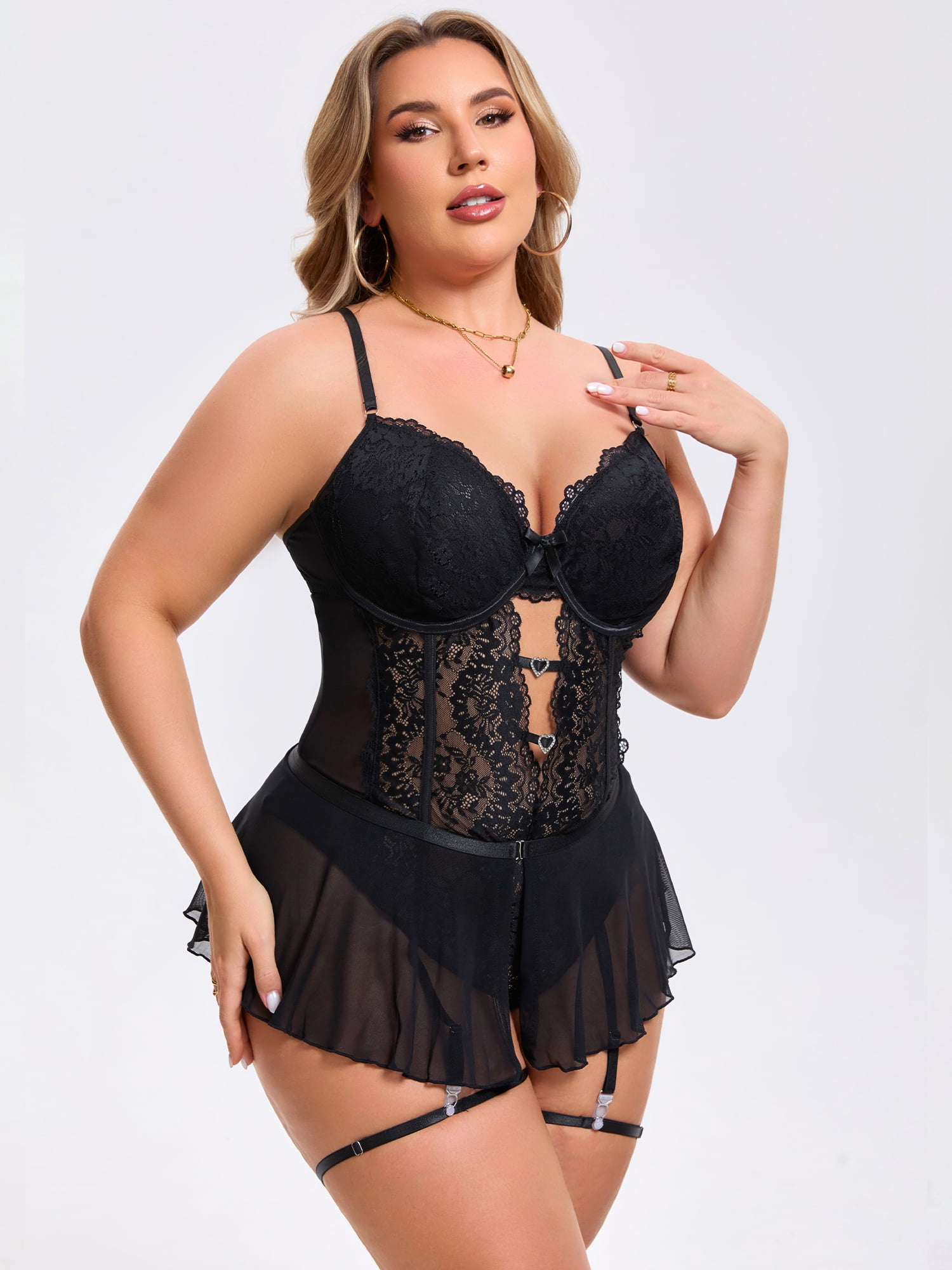 DARING DIVA Women's Cut Out Skirt Bodysuit Underwired Lingerie Set 2XL Black